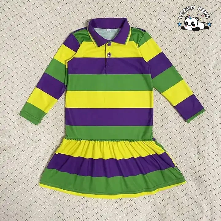 LEZONKIDS - Vestidos de Meninas Personalizáveis para Festa com Listras Roxas, Verdes e Douradas de Manga Longa para Mardi Gras da Primavera